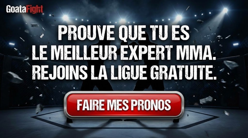 Bannière promotionnelle GoataLeague Pronostics MMA : deux combattants face à face dans l'octogone avec le texte "Prouve que tu es le meilleur expert MMA" et un bouton "Faire mes pronos".