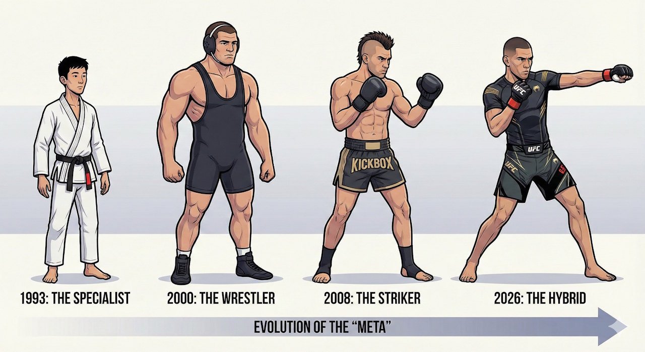 L'Évolution du MMA : Du spécialiste au combattant hybride. en 1993 le spécialiste jjb, année 2000 les lutteurs, en 2008 les strikers et en 2026 les combattants hybride