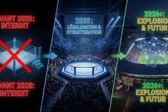 Représentation de l'évolution du MMA en France, avant 2020 interdit, 2020 légalisation, 2026 explosion