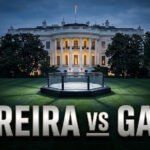 Image de la pelouse de la maison blanche avec une cage UFC, texte Pereira vs Gane