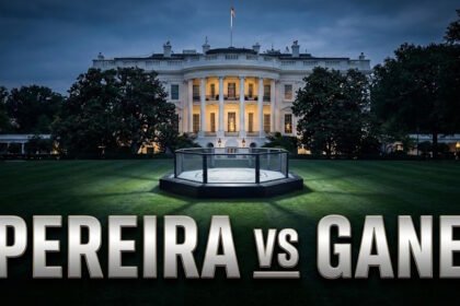 Image de la pelouse de la maison blanche avec une cage UFC, texte Pereira vs Gane