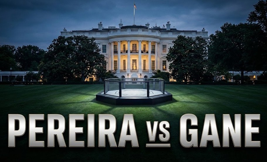Image de la pelouse de la maison blanche avec une cage UFC, texte Pereira vs Gane
