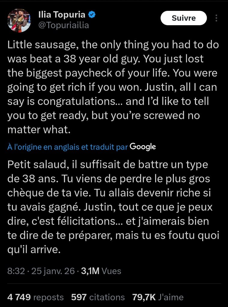 Message sur le réseau social X de Ilia Topuria il tacle Pimblett et prévient Justin Gaethje