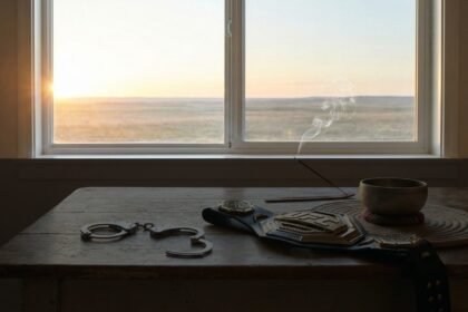 Image d'une table avec une ceinture UFC et des menottes posé, la fenêtre donne sur une fenêtre ensoleillé. L'image fait référence à la libération de Cain Velasquez