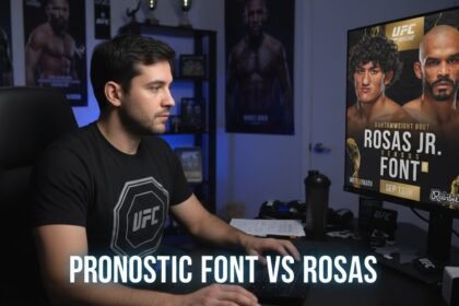 Un fan de MMA à son bureau , il regarde son ordinateur ou on voie l'affiche du combat Rob Font vs Raul Rosas Jr.