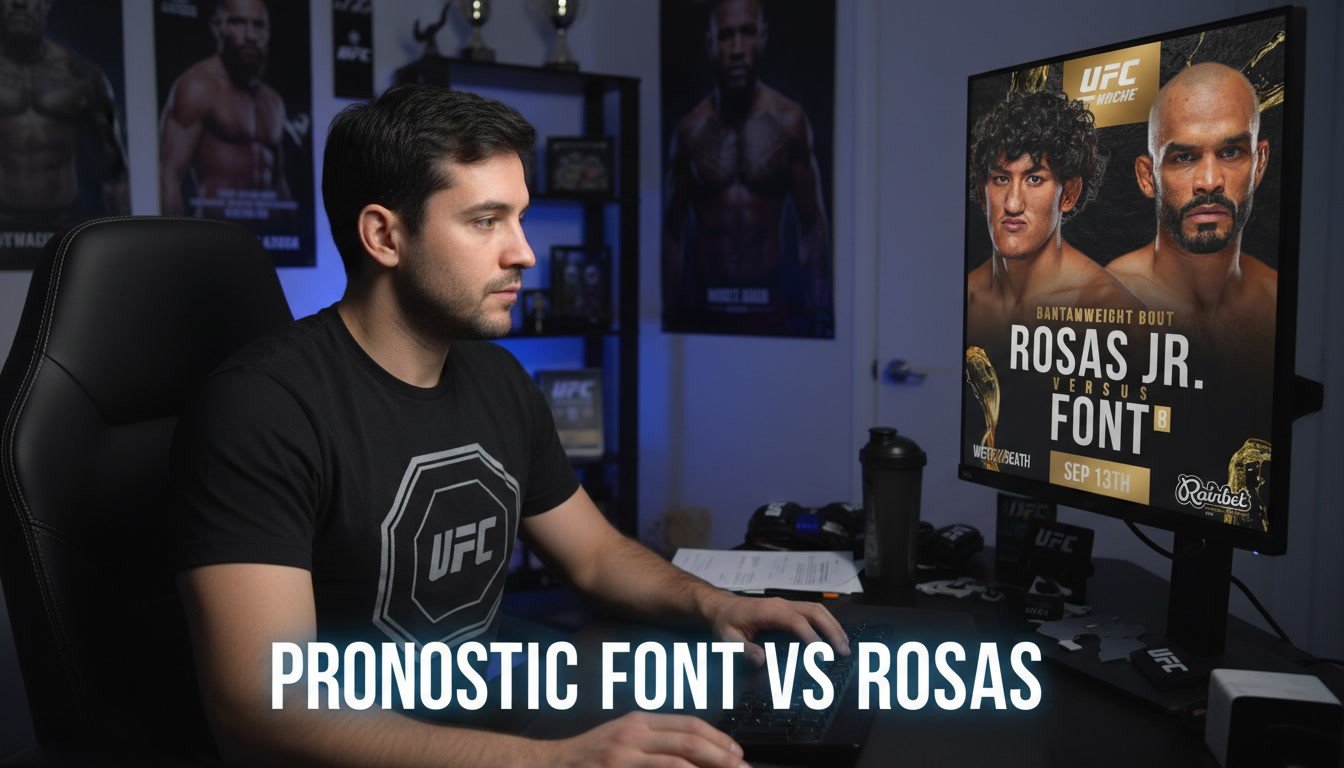 Un fan de MMA à son bureau , il regarde son ordinateur ou on voie l'affiche du combat Rob Font vs Raul Rosas Jr.