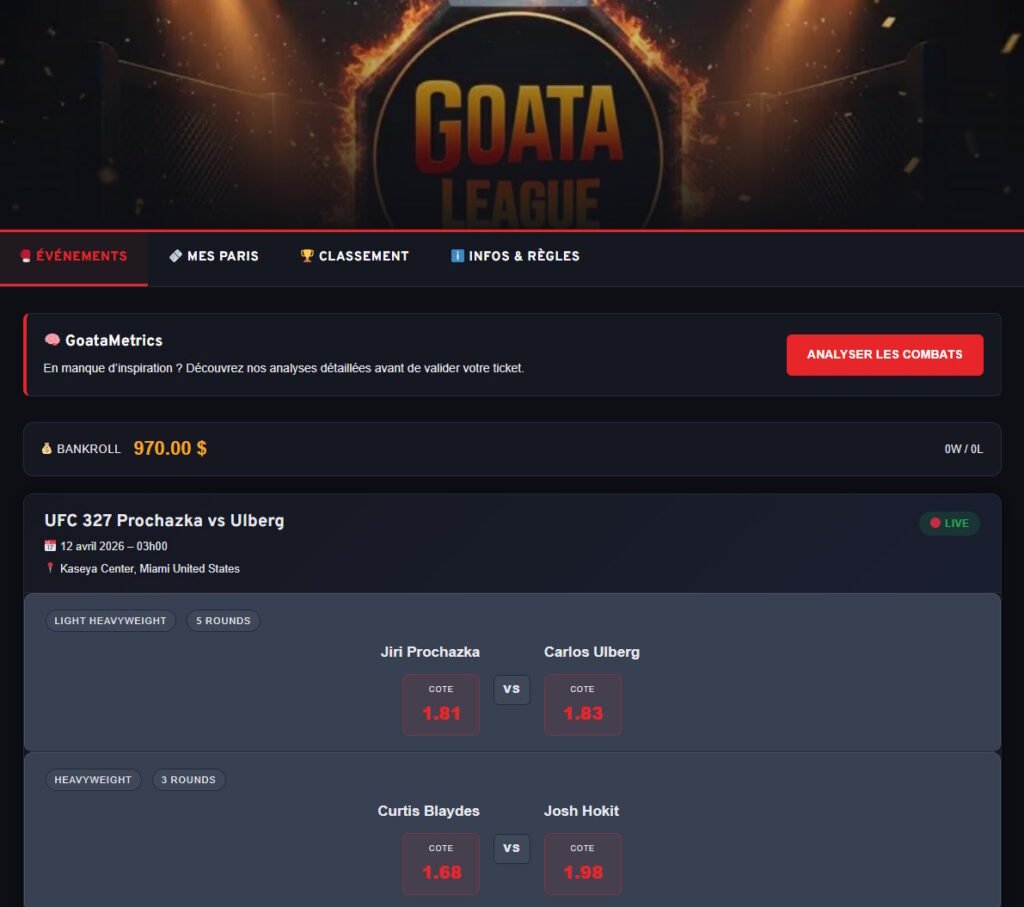 Vue sur l'écran principal de la GoataLeague saison 2 qui offre la possibilité de parier fictivement sur les combats UFC