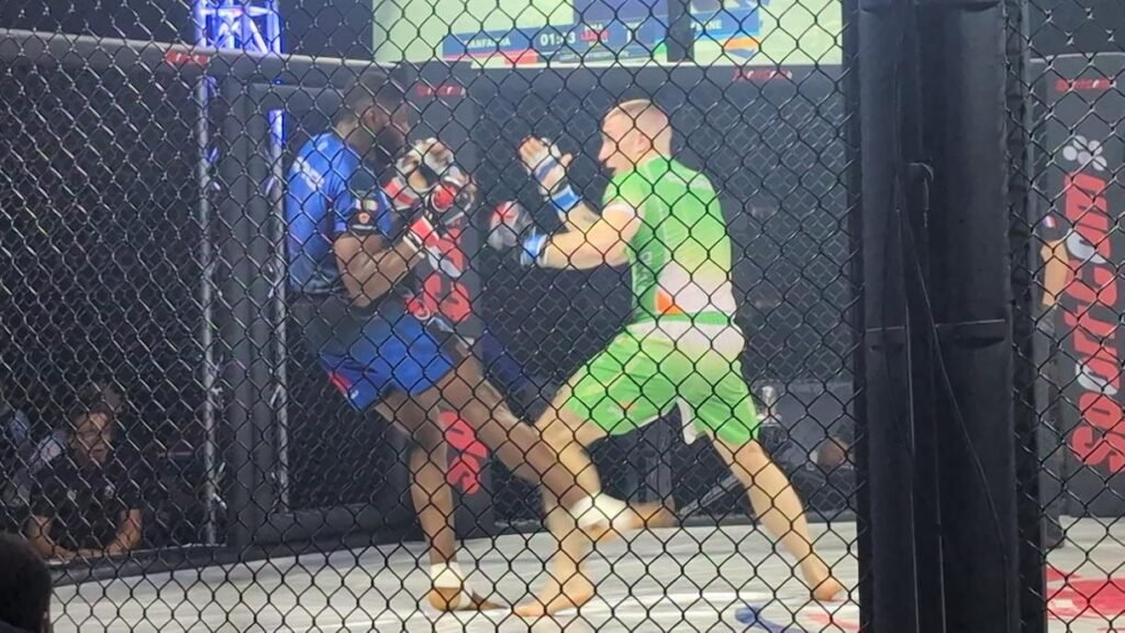 Les combattants sur une phase de frappes dans la cage de MMA